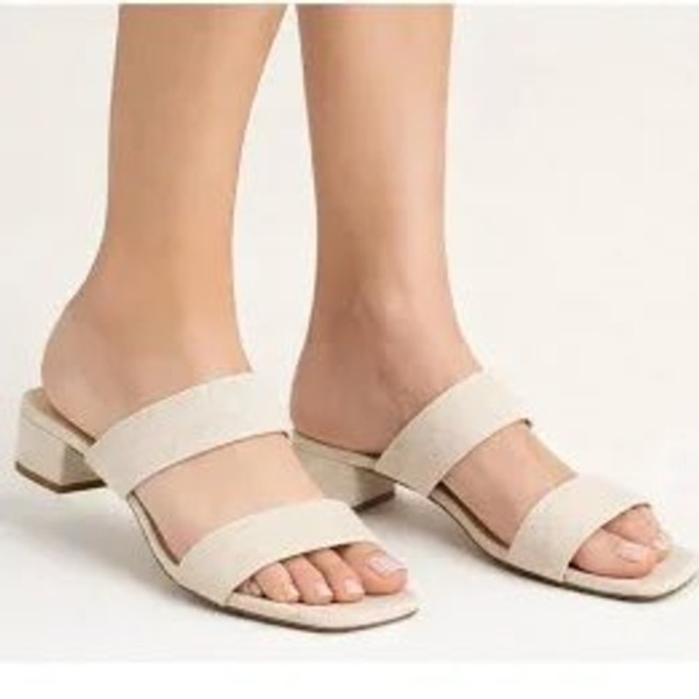 Joie Ayla Canvas Dbl Strap Block Heel Slide Sandals Beige Square Toe Mules 8.5